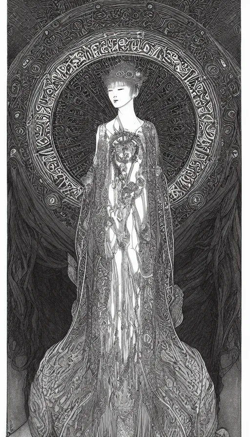 Prompt: yoon young bae as the high priestess, tarot design, by mucha, by agostino arrivabene, black and white graphite drawing, smooth render