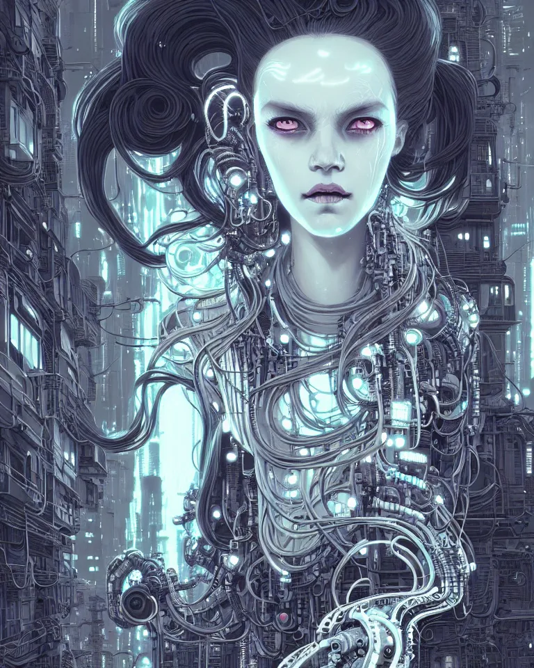 Image similar to highly detailed portrait of a biopunk long curly white hair tribal lady, stray wiring by atey ghailan, james gilleard, by joe fenton, by greg rutkowski, greg tocchini, kaethe butcher, 4 k, gradient neon, black and white color scheme ( neon caustic robotic dystopian city background )