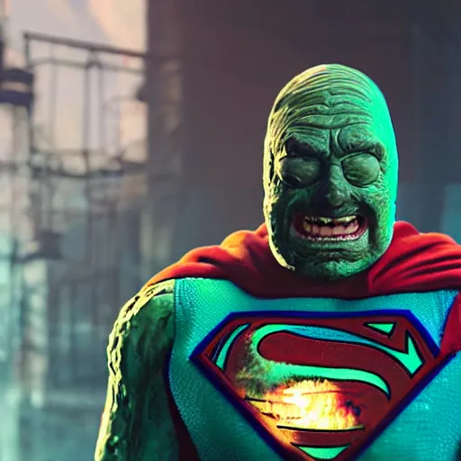 Image similar to pickle rick as superman! flying in ( gears of war ), splash art, movie still, detailed face, photorealistic facial features, cinematic lighting, dramatic, octane render, long lens, shallow depth of field, bokeh, anamorphic lens flare, 8 k, hyper detailed, 3 5 mm film grain