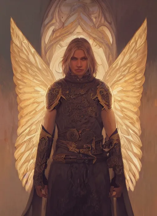 Image similar to portrait of a floating winged aasimar paladin blond young man with amber eyes strong, sofisticated, fantasy, highly detailed, digital painting, artstation, concept art, character art, art by greg rutkowski and tyler jacobson and alphonse mucha