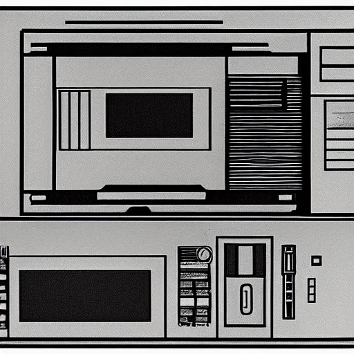 Prompt: technical drawing of a computer from 1985