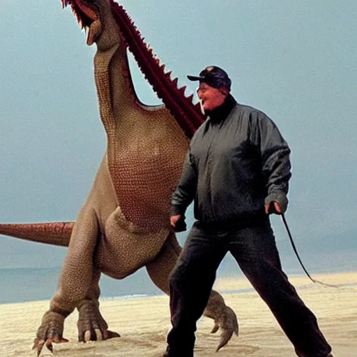 Prompt: A dinosaur riding on Steven Seagal