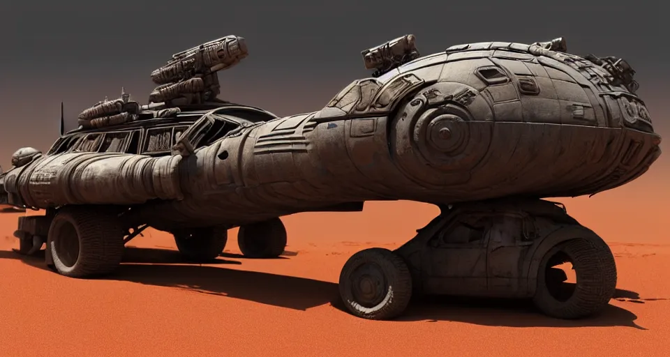 Image similar to highly detailed cinematic scifi render of 3 d sculpt of fury road spaceship