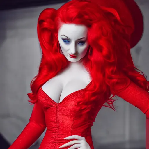 Prompt: photography detailed face sophie turner as jessica rabbit in her red dress, femme fetal, darkroom, dramatic high contrast lighting like sin city, ultra - realistic, intricate detail, 8 k