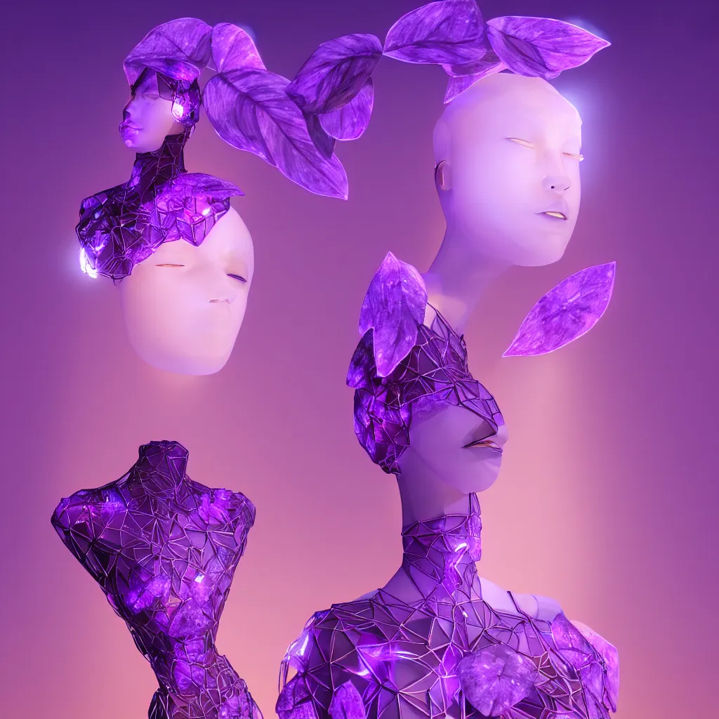 Image similar to beautiful mannequin sculpted out of amethyst by billelis + lit with 3 d geometric neon + facing a doorway opening with neon pink geometric fractal light + flowering hosta plants!!!, moon in background!, rule of thirds, clean linework, dramatic, award winning, 4 k, trending on artstation, photorealistic, volumetric lighting, octane render