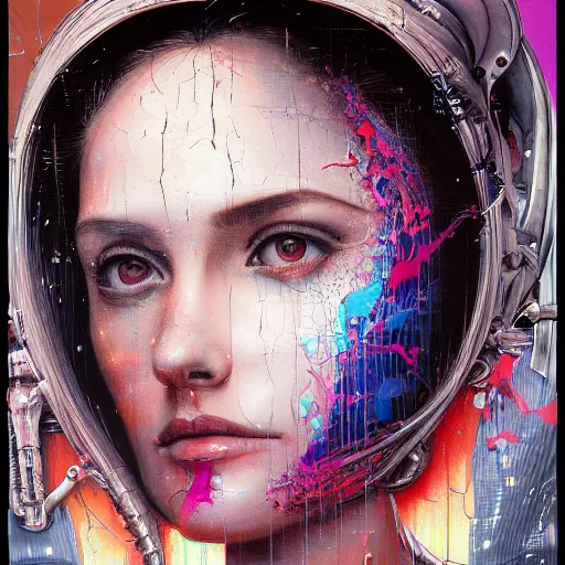 Prompt: portrait of virgin mary, cameras, melting ,8k,by tristan eaton,Stanley Artgermm,Tom Bagshaw,Greg Rutkowski,Carne Griffiths, Ayami Kojima, Beksinski, Giger,trending on DeviantArt,face enhance,hyper detailed,minimalist,cybernetic, android, blade runner,full of colour