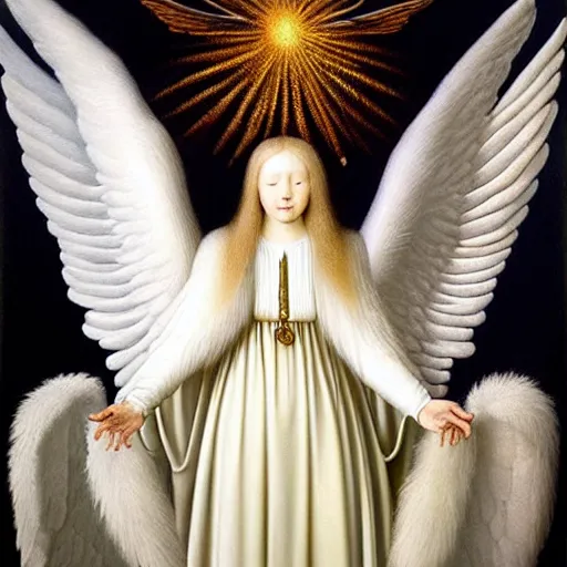 Image similar to highdetailed hyperrealistic painting of white angel!!! no gender!!!, giant ball of miracle light from the chest!!!!!, 4 k hd fur face!!!, big wings, by jan van eyck, holography space, white sparkles everywhere, thin strokes, white monochrome color!!!!!