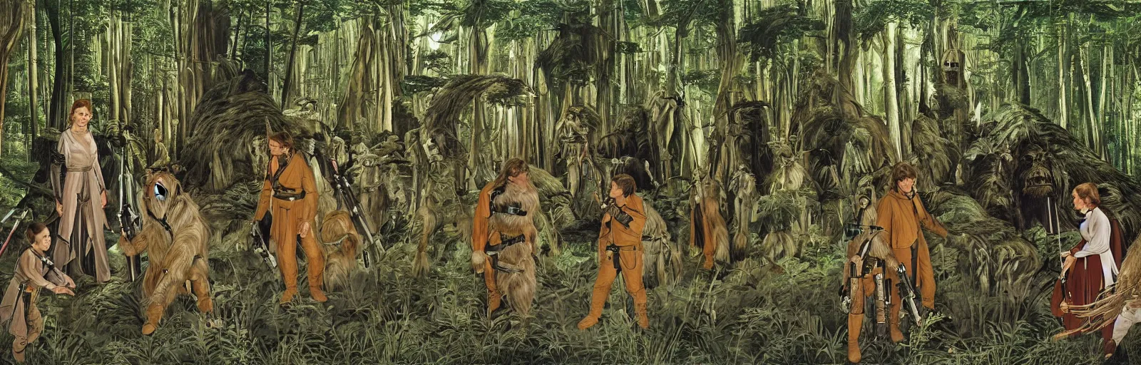 Prompt: luke skywalker, princess leia and han solo meet the ewoks in the forest of endor, in return of the jedi, a masterful painting by sandro botticelli