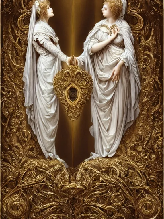 Image similar to a beautiful render of two baroque catholic veiled queen with symmetry intricate detailed heart,relief sculpture,pray,by Lawrence Alma-Tadema, Maria Mirage,peter gric,aaron horkey,Billelis,trending on pinterest,hyperreal,gold,silver,ivory,maximalist,glittering,golden ratio,cinematic lighting