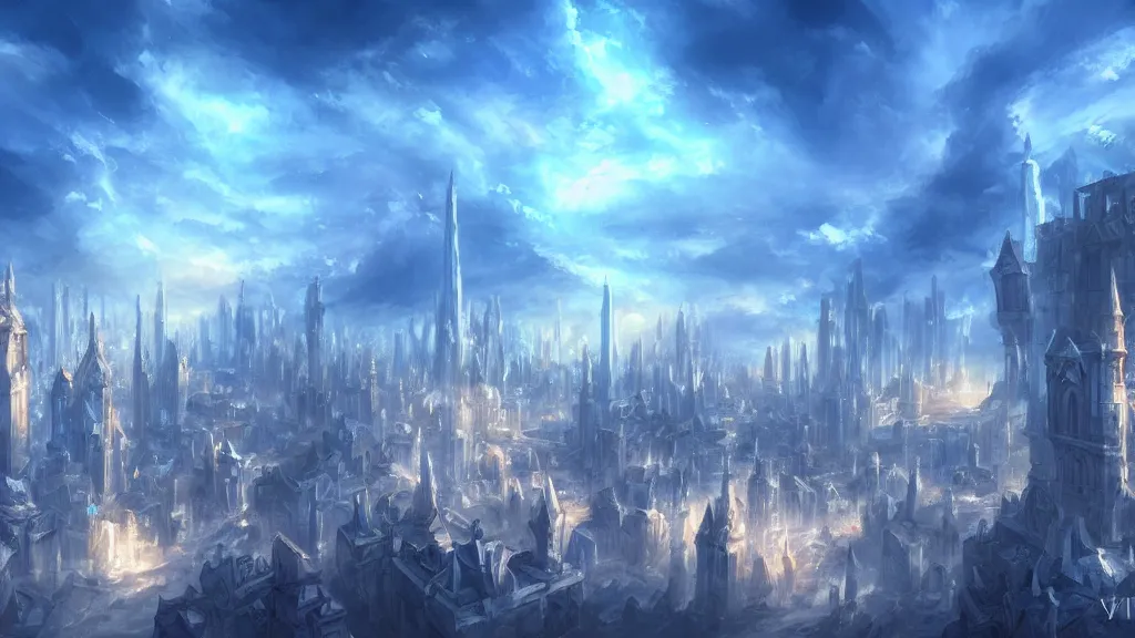 Prompt: city of mages. white buildings, towers. blue sky, lighting. fantasy, digital painting, hd, ultra - detailed.