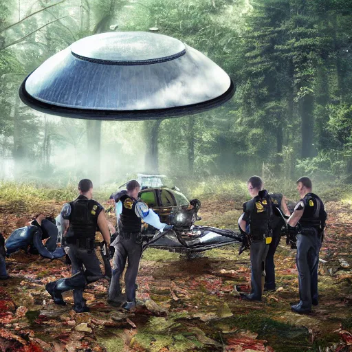 Image similar to a [ team of scientists, police officers, and news reporters ] surround a crashed ufo in the [ middle of a forest ]!!, [ digital art ]!!, trending on cgsociety, 4 k quality