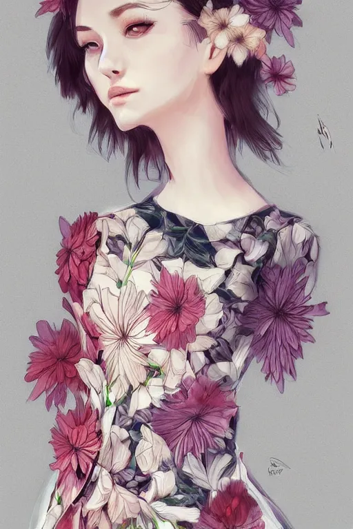 Prompt: Dress with flower pattern portrait by Artgerm and WLOP