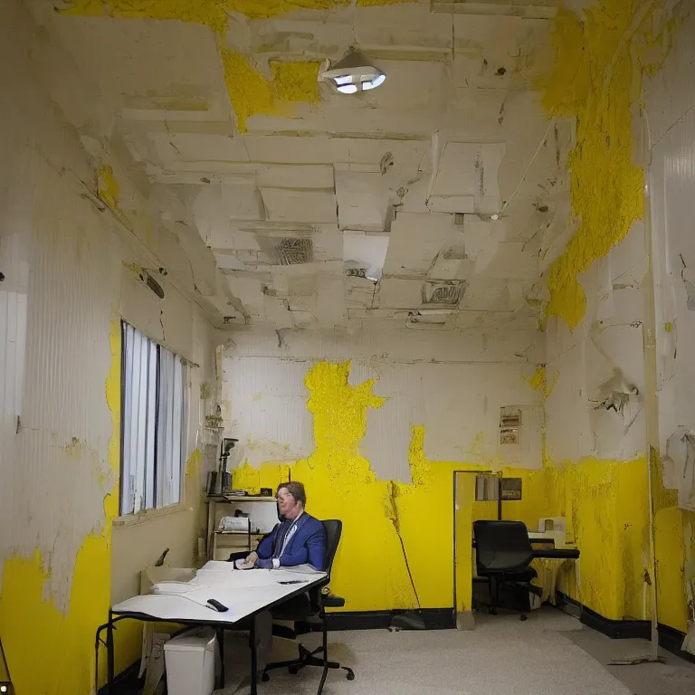 Image similar to the backrooms. Joe Biden lost in an endless office space with peeling yellow wallpaper lit by fluorescent lights with no windows