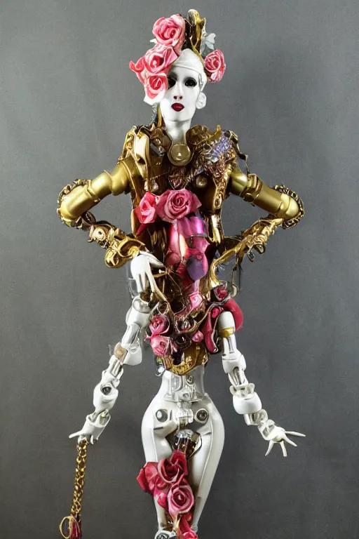 Image similar to full-body porcelain rococo futuristic style sculpture of a young beautiful goddess as a half-robot wearing retro shades, red lips, mechanical eyes, leaking glowing neon radioactive liquid, electric sparks, glowing violet laser beam eyes, crown of giant diamonds, gold chain steampunk necklace, flowing purple satin, luminescent fabrics, mechanical roses. baroque and steampunk elements. full-length view. baroque element. intricate artwork by caravaggio. Trending on artstation, octane render, cinematic lighting from the right, hyper realism, octane render, 8k, depth of field, 3D