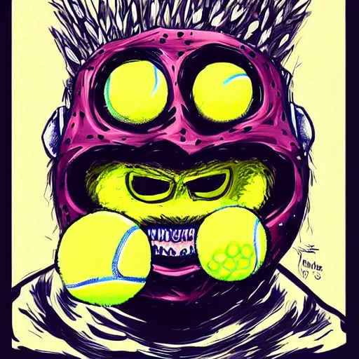 Image similar to a tennis ball monster wearing a cotton ski mask, digital art, fantasy, magic, trending on artstation, ultra detailed, professional illustration by Basil Gogos