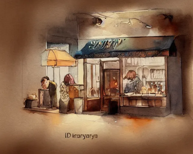 Prompt: a coffee shop smooth light color watercolor illustration by dziuba evgeniya trending on artstation