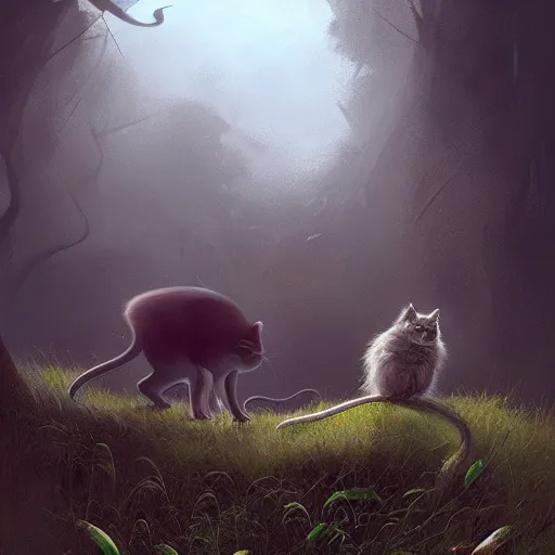Prompt: a cat and mouse hybrid outside of the uncanny valley, digital art fantasy art, art by george stubbs, jakub rozalski, anton fadeev, james gurney, anato finnstark