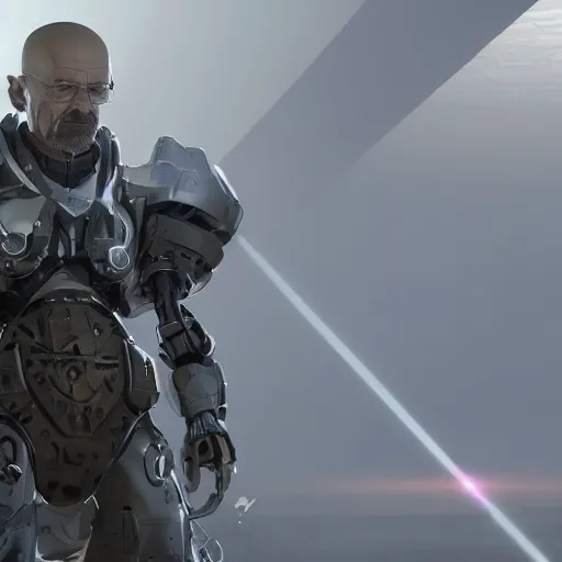 Image similar to Walter White firing lasers from his cybernetic battle armor, highly detailed, centered, concept art, 8k octane render