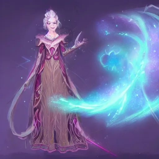 Image similar to character concept art of an astromancer wearing a beautiful cascading nebula gown