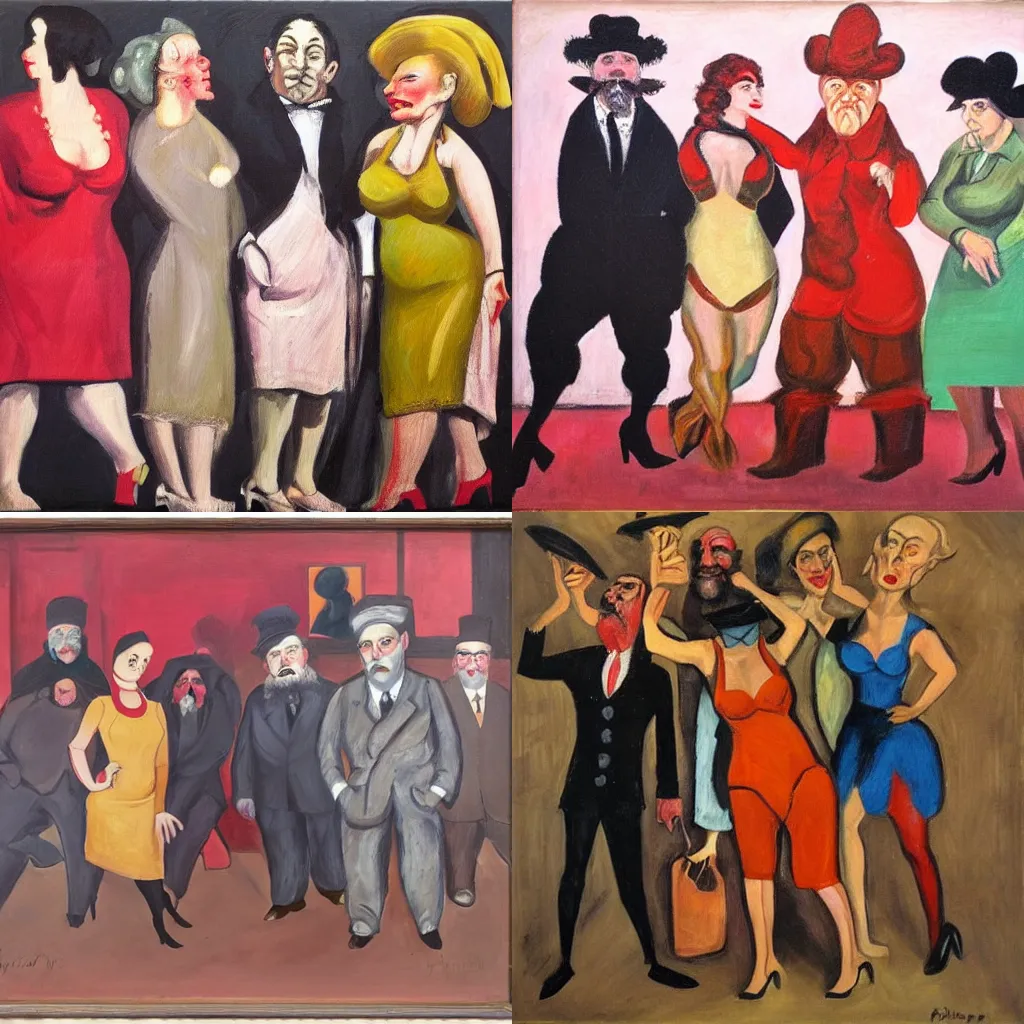 Prompt: expressionist oil painting of dwarf, pimp, con man, hostesses in decadent berlin nightclub during the weimar republic in the style of paula rego