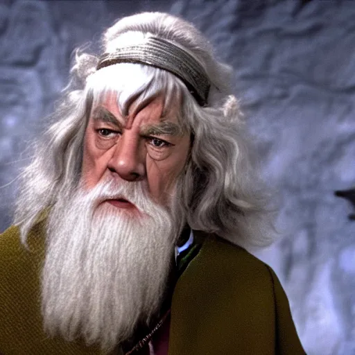 Image similar to A still of Gandalf as Captain Kirk on Star Trek, sharp focus, high quality, 4k