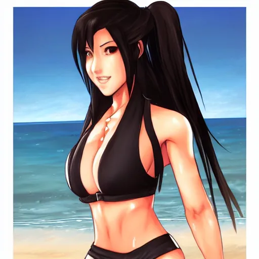 Image similar to beautiful tifa from final fantasy in a bikini on the beach making eye contact drawn by artgerm
