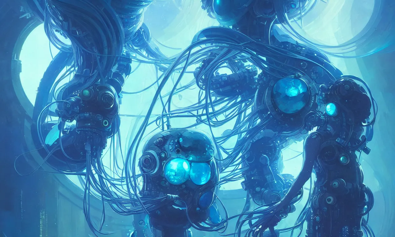 Image similar to cyberpunk jellyfish, blue tones, underwater, 360, highly detailed, digital painting, artstation, concept art, smooth, sharp focus, illustration, art by greg rutkowski and alphonse mucha