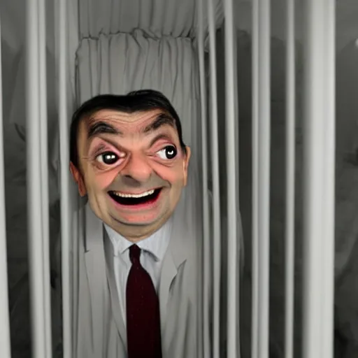 Prompt: mr bean trapped in a white void room