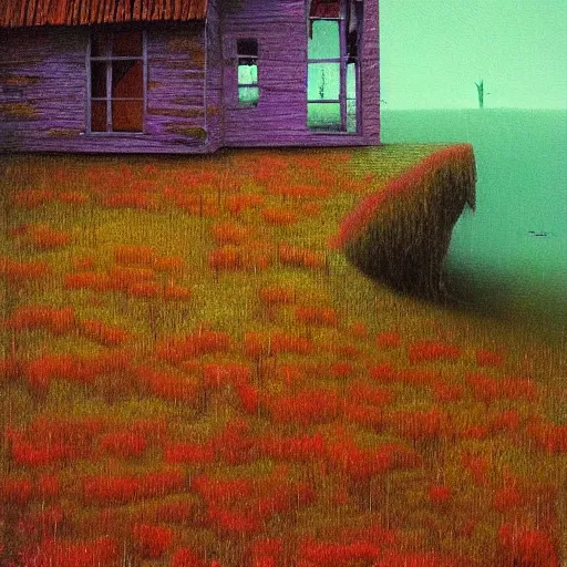 Prompt: Painting in a style of Beksinski of a colorful and detailed wooden house in the forest near the lake