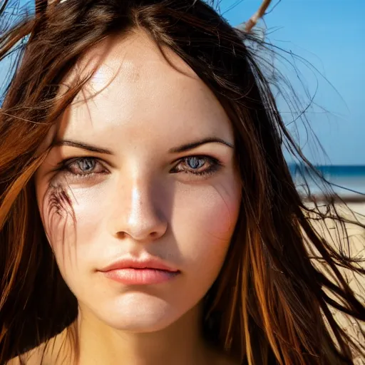 Image similar to a portrait of a beautiful woman relax on the beach, symmetrical face, beautiful eyes