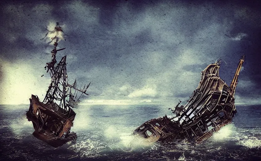 Image similar to “Pirate ship wreck falling from the sky, digital art, cinematic, award winning”