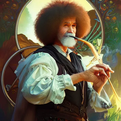 Prompt: an ultra detailed tarot card of bob ross smoking a pipe and dressed as a fantasy bard, d & d, epic fantasy, concept art by alphonse mucha and greg rutkowski, octane render, 8 k, detailed face