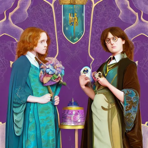 Prompt: hermoine granger and harry potter, art nouveau, by rachel ruysch and lisa frank, 8 k, sharp focus, octane render