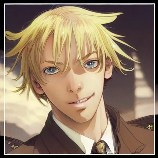 Prompt: highly detailed vfx portrait of a blond centre parting pretty boy by eiichiro oda, makoto shinkai, alphonse mucha, sharp focus, art by artgerm and greg rutkowski!, backlit, harsh overhead sunlight, detailed,