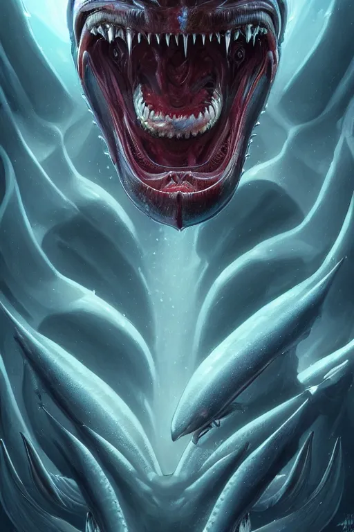 Image similar to xenomorph mixed with shark with extra teeth, underwater, highly detailed, digital painting, artstation, concept art, smooth, sharp focus, illustration, unreal engine 5, 8 k, art by artgerm and greg rutkowski and alphonse mucha