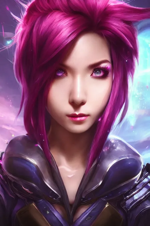 Image similar to ultra realistic facial portrait of vi from league of legends, digital art, character portrait, highly detailed, trending on artstation, lens flare, atmosphere, hyper realistic, cinematic lightning, sharp focus, unreal engine 5, extreme details perfect face, pretty face, fine - face, illustration, 8 k, ultra texture, masterpiece