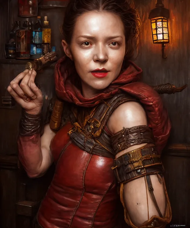 Image similar to hyperrealistic mixed media painting of a beautiful grinning charasmatic female rogue, dimly lit cozy tavern, crimson leather tunic, confident relaxed pose, d&d, stunning 3d render inspired art by Tim Okamura and Lise Deharme + perfect facial symmetry + dim volumetric lighting, 8k octane beautifully detailed render, post-processing, extremely hyperdetailed, intricate, epic composition, grim yet sparkling atmosphere, cinematic lighting + masterpiece, trending on artstation, very very detailed, masterpiece, stunning