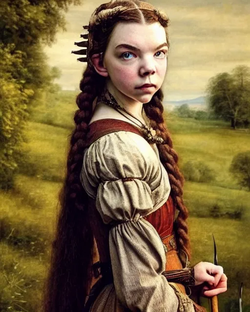 Prompt: anya taylor - joy medieval portrait, druid ranger, delicate detailed medieval portrait in the style of eugene de blaas, perfect face