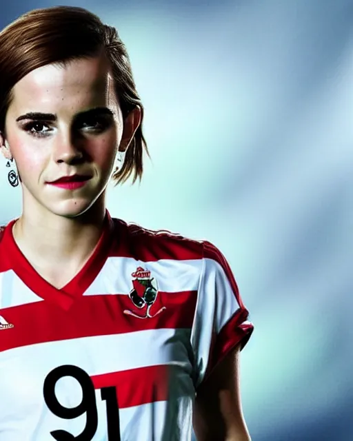 Image similar to a portrait of emma watson as a lokomotiv football player, hyper realistic