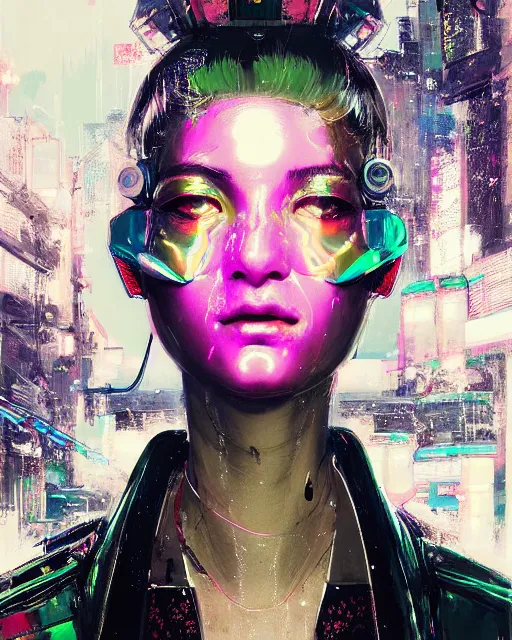 Image similar to detailed portrait queen neon operator girl, cyberpunk futuristic neon, reflective puffy coat, decorated with traditional japanese ornaments by ismail inceoglu dragan bibin hans thoma greg rutkowski alexandros pyromallis nekro rene maritte illustrated, perfect face, fine details, realistic shaded, fine - face, pretty face