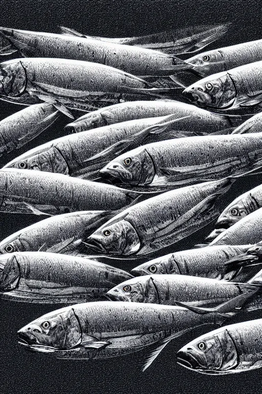 Image similar to a beautiful engraving on paper of a school of mackerel, 8 k, frostbite 3 engine, cryengine, dof, trending on artstation, digital art, crepuscular ray