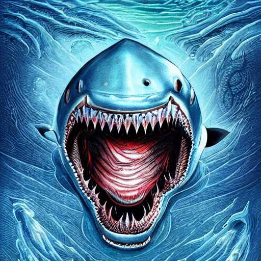 Image similar to android jones illustration of a shark, alien mouth