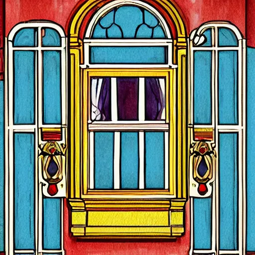 Prompt: a painting beautiful window open front view, ornate, oil on canvas, art deco, digital illustration, colorful architectural drawing, watercolor painting, behance contest winner, vintage frame window