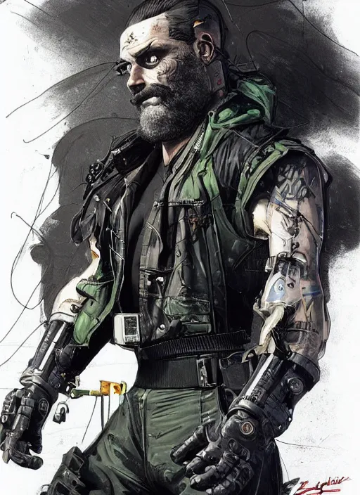 Image similar to menacing bearded cyberpunk mercenary in tactical harness and jumpsuit. dystopian. portrait by stonehouse and mœbius and will eisner and gil elvgren and pixar. realistic proportions. cyberpunk 2 0 7 7, apex, blade runner 2 0 4 9 concept art. cel shading. attractive face. thick lines.