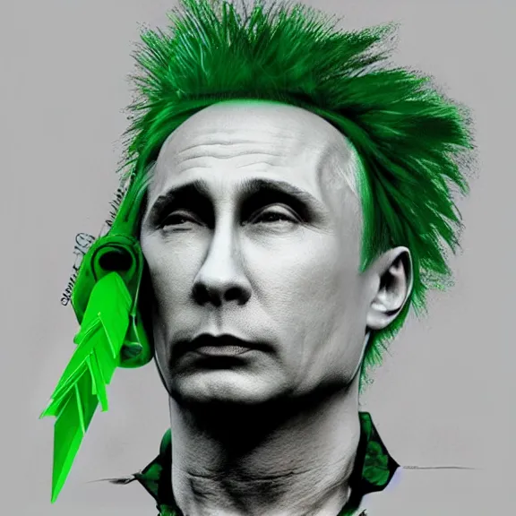 Prompt: punk vladimir putin with green mohawk