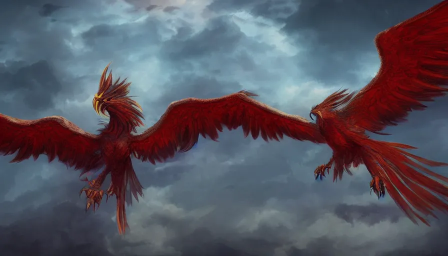 Prompt: Phoenix flying in a dark and cloudy sky, hyperdetailed, artstation, cgsociety, 8k