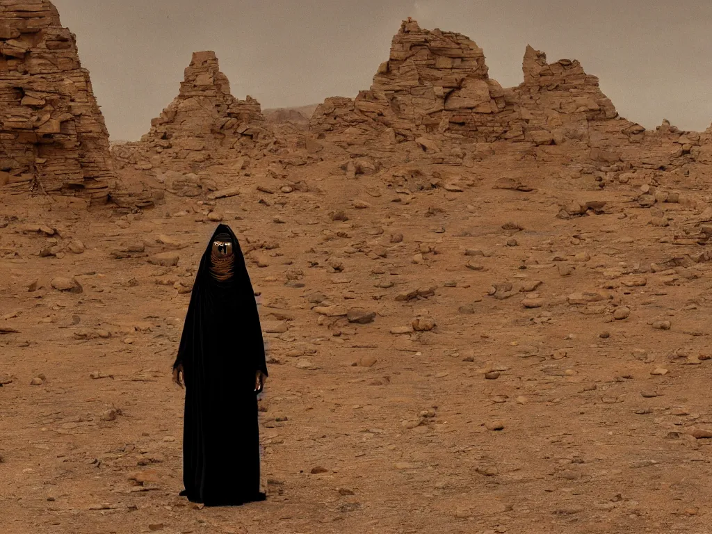 Image similar to levitating glowing bene gesserit in full - face golden mask in a dry rocky desert landscape, sunny atmosphere, fata morgana giant mirrors, portal, death stranding, abandoned city, spaceship in the sky by christopher doyle and alejandro jodorowsky, anamorphic lens, kodakchrome, cinematic composition, very detailed photo, complex structures, 8 k,