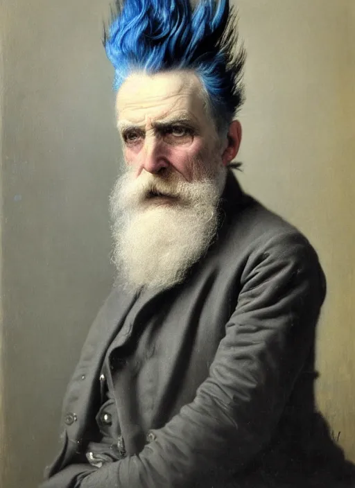 Image similar to a detailed portrait of old man with a extravagant mohawk by edouard bisson, blue hair, punk rock, oil painting, muted colours, soft lighting