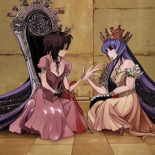 Image similar to a scene of two beautiful queens fighting over a throne, detailed anime art