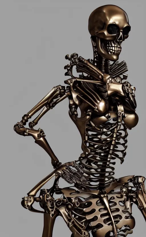 Image similar to Steampunk cyborg skeleton girl, bronze statue, unreal engine, high detailed